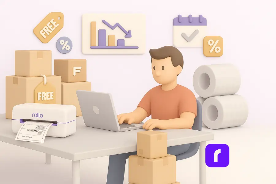 A modern 3D illustration in soft pastel tones shows a small business owner seated at a minimalist desk, working on a laptop. To the left, a Rollo wireless printer prints a shipping label beside a stack of cardboard boxes labeled "Free." Nearby are rolls of bubble wrap, and floating icons above the scene represent money-saving shipping strategies—such as discounts, flexible delivery scheduling, and cost reduction charts. The composition highlights smart, budget-conscious decision-making in a clean and organized workspace.