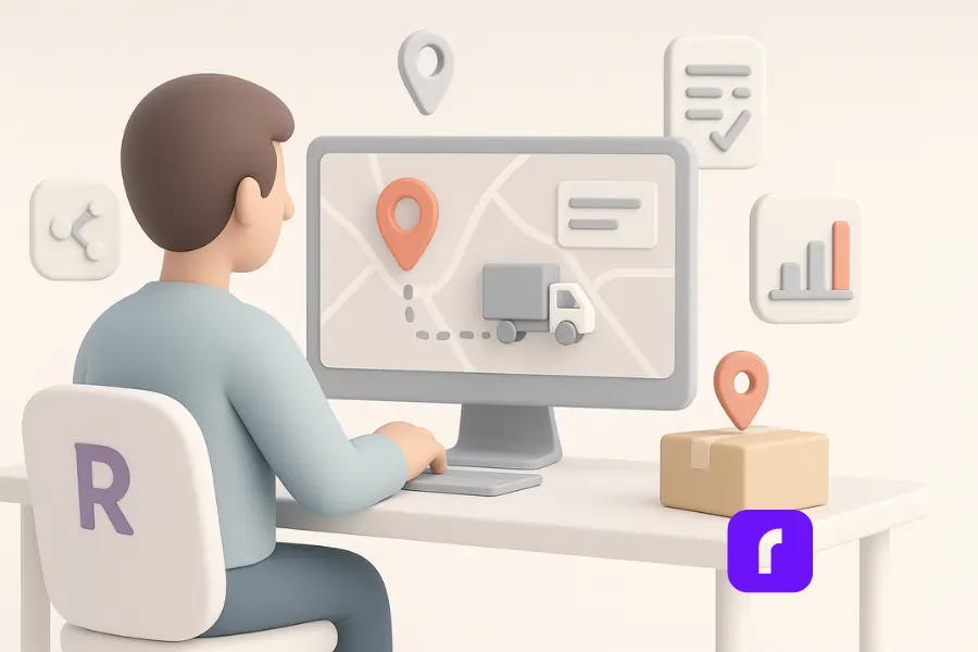 A 3D-rendered digital illustration in a minimalist pastel style showing a person sitting at a clean white desk, viewing a computer monitor with a digital map interface. The screen displays a large location pin and a delivery truck icon, symbolizing real-time shipment tracking. The character sits in a white chair featuring a purple "R" for Rollo. Floating around the workspace are soft-colored icons representing data analytics, checklists, and connectivity. A cardboard box with a location marker sits on the desk, emphasizing streamlined shipping operations with Rollo Ship.