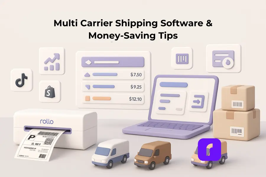A minimalist 3D illustration of a small business workspace showcasing multi carrier shipping software. The scene features a Rollo wireless label printer printing a shipping label, a laptop displaying a simplified dashboard UI, and stacked cardboard boxes with barcode labels. Three stylized delivery trucks in white, brown, and purple-orange tones represent USPS, UPS, and FedEx. Floating icons above show shipping rate comparisons, eCommerce platforms like TikTok, Shopify, and eBay, and automation tools. The title "Multi Carrier Shipping Software & Money-Saving Tips" appears at the top in bold text.