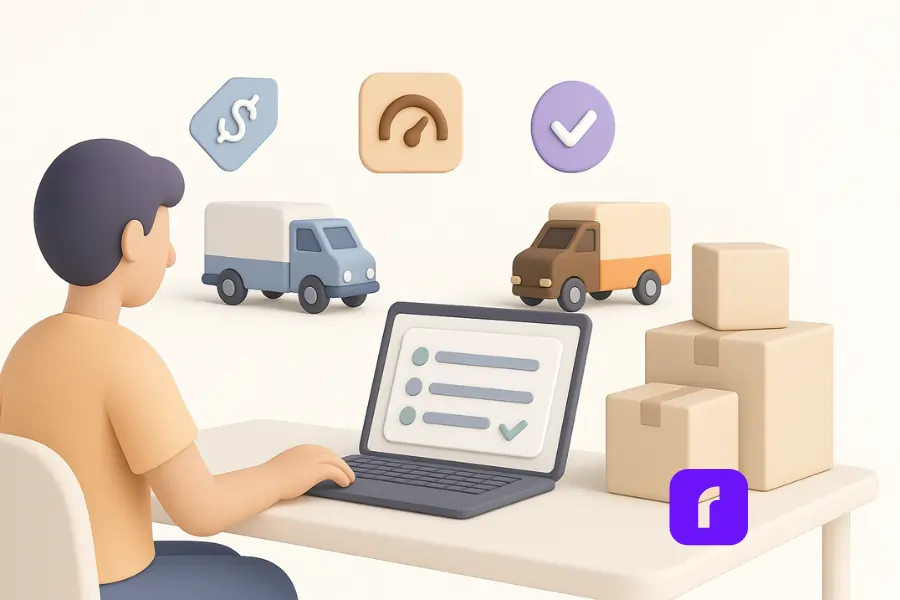 Multi Carrier Shipping Software & Money-Saving Tips 1 A minimalist 3D illustration in soft pastel tones showing a small business owner using multi carrier shipping software at a modern desk. The laptop screen displays a simplified comparison interface, while three stylized delivery trucksโblue and white, brown and gold, and purple and orangeโare shown in the background with floating icons representing cost, speed, and reliability. Stacked shipping boxes nearby reinforce the concept of cost-effective fulfillment and smart carrier selection.