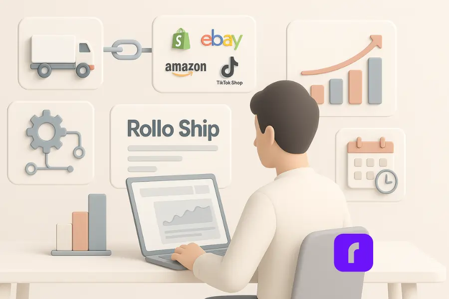 A 3D-rendered illustration of a modern e-commerce seller sitting at a minimalist desk, using a laptop with the Rollo Ship dashboard on screen. Surrounding the user are floating pastel-colored panels representing Rollo Ship’s features: carrier integration (truck icon), marketplace connections (Shopify, eBay, Amazon, TikTok Shop logos), automated shipping rules (gear icon), real-time rate comparison (bar graph), scheduled pickups (calendar with clock), and analytics (growth chart). The scene uses soft, rounded shapes and a muted color palette to convey simplicity, automation, and efficiency.