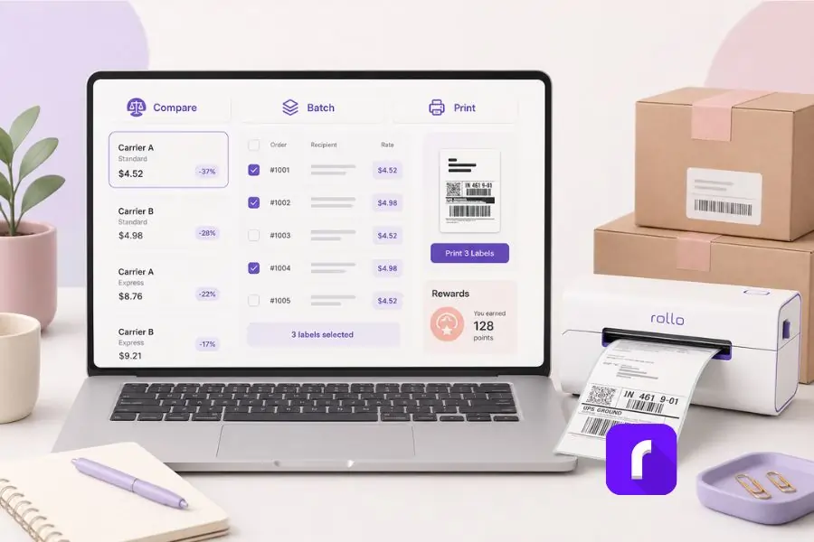 Cheap Shipping for Small Business: 2026 Cost Guide 12 Shipping dashboard and label printer showing rate comparison workflow