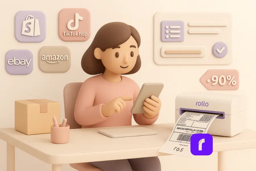 A 3D clay-style illustration of a solo online seller using ecommerce order fulfillment software at a minimalist desk, surrounded by floating icons for Shopify, TikTok Shop, Amazon, and eBay. The seller is interacting with a tablet while a Rollo wireless printer prints a shipping label showing a “-90%” discount, symbolizing streamlined order processing.