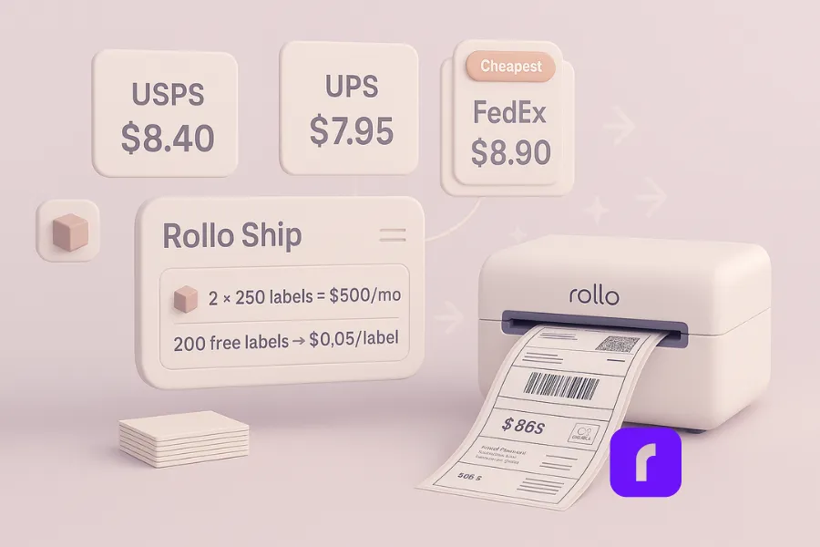 A minimalist 3D illustration in soft pastel tones showing the Rollo Ship dashboard comparing USPS, UPS, and FedEx rates, with a Rollo Wireless Printer printing a shipping label. Floating panels display rate comparisons and savings calculations, symbolizing how rate-shopping through Rollo Ship helps users turn smart shipping choices into real monthly savings.