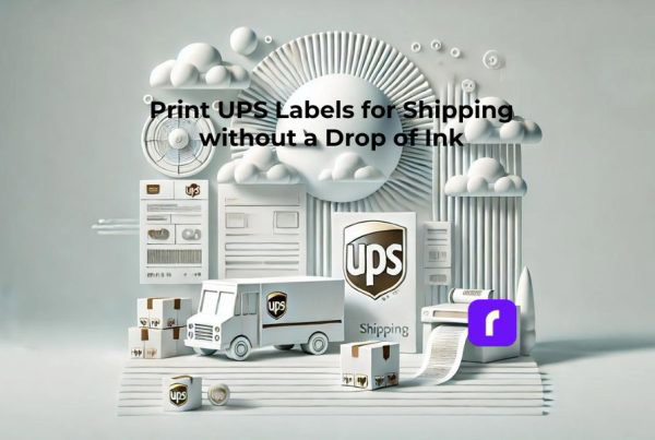 image of UPS truck, globe, and and printer printing UPS labels for shipping.