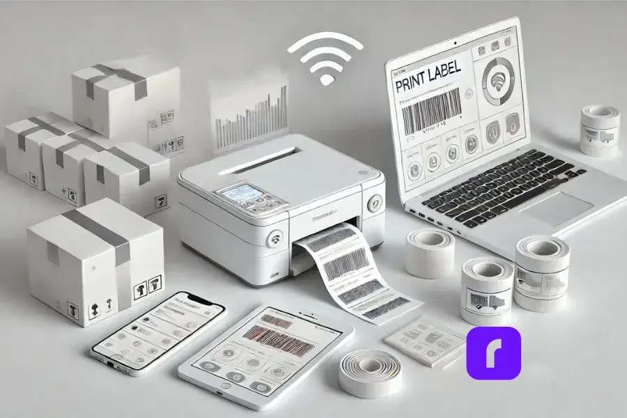 Minimalist depiction of a modern workspace featuring a label thermal printer wirelessly connected to multiple devices. The setup includes a smartphone, tablet, and laptop with blank screens, highlighting device versatility without text distractions. A nearby shipping box with a freshly printed label emphasizes multitasking capabilities. The design uses a predominantly white and light color scheme with subtle 3D effects, conveying simplicity, seamless integration, and a clean aesthetic.