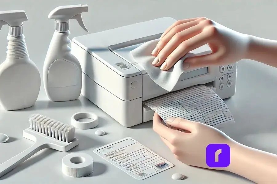 pair of hands holding cleaning cloth to clean label thermal printer.