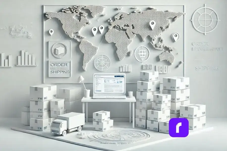 Minimalist illustration of an e-commerce workspace featuring a small warehouse or home office with neatly stacked boxes labeled for international shipping. A laptop screen in the background displays a simplified world map with delivery pins, symbolizing global reach. The design emphasizes light and white tones, with subtle 3D effects and a clean, serene atmosphere.