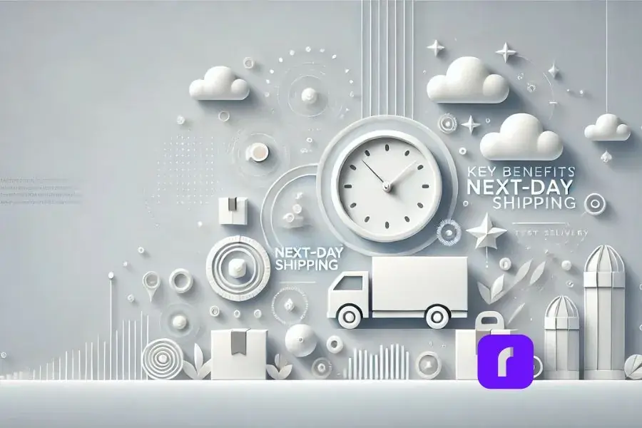 A minimalist graphic showcasing the benefits of next-day shipping, including stylized 3D icons of a delivery truck, a clock symbolizing time-saving, and a package box indicating reliability. The design uses white and soft light tones, maintaining a clean and text-free aesthetic.