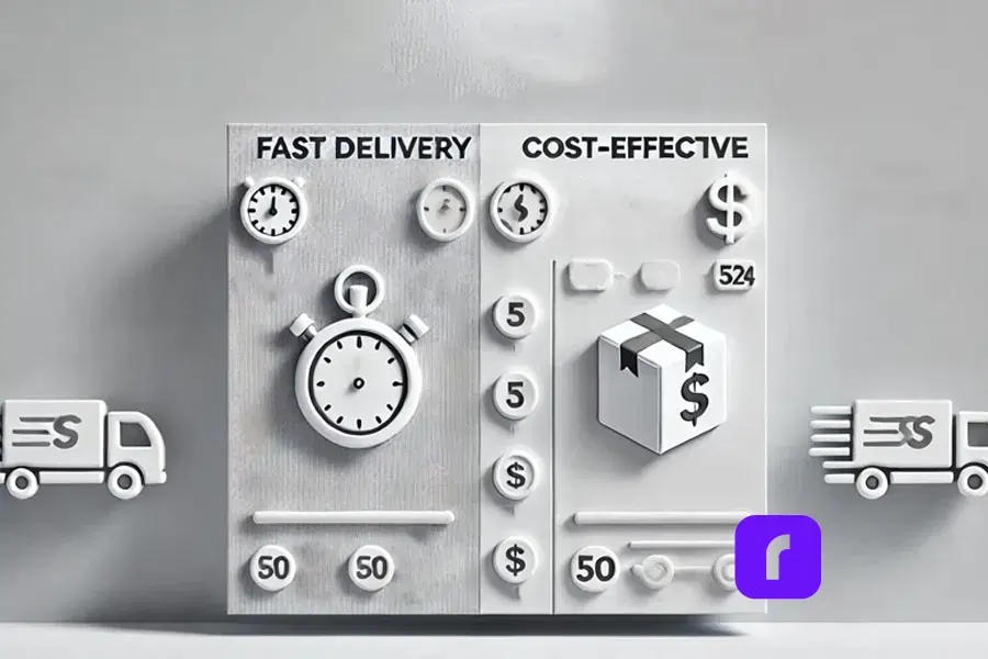 a side by side image of a stopwatch and a box with dollar signs comparing fast delivery vs cost effectiveness.