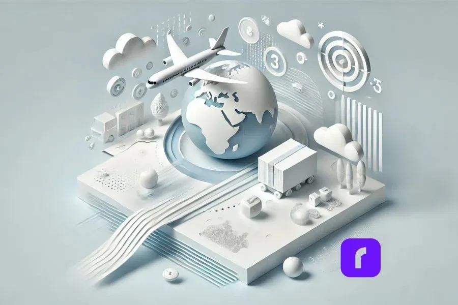 A 3D representation of a globe surrounded by shipping icons, including an airplane, delivery truck, and packages, symbolizing fast global delivery services within 3-5 business days. Purple Rollo logo in the corner.