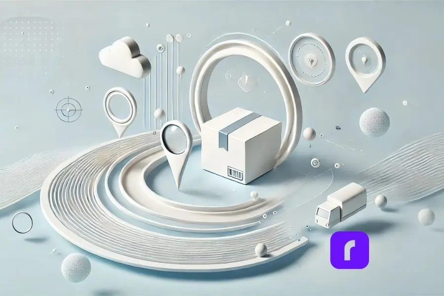 3D digital design featuring a package at the center with location pins, tracking lines, and delivery icons, symbolizing end-to-end tracking for peace of mind. Purple Rollo logo placed in the corner.