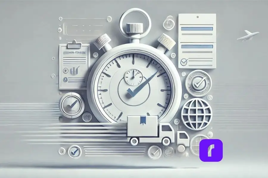 3D illustration of a stopwatch surrounded by shipping-related symbols like a clipboard, globe, and trucks, representing a money-back guarantee for select destinations. Purple Rollo logo displayed in the corner.