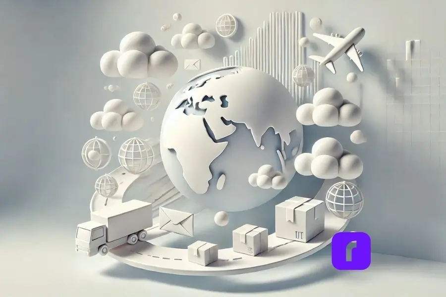 Stylized 3D globe surrounded by delivery icons, including clouds, an airplane, and trucks, highlighting affordable flat-rate pricing options for shipping services. Purple Rollo logo displayed prominently.