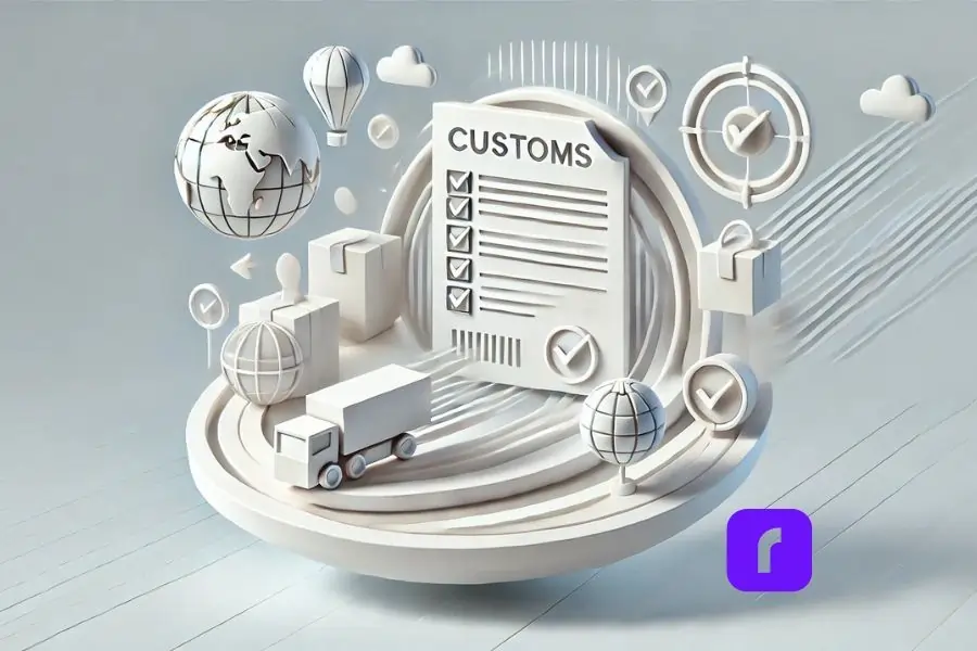 Minimalist 3D-style graphic with simplified icons of a customs form, a globe, and checkmarks. The design emphasizes easy and efficient customs management, using light colors and subtle 3D depth.