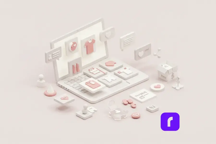 Minimalist illustration of a laptop displaying a grid of clothing items, surrounded by icons of user interactions such as heart icons, chat bubbles, and share arrows. The design includes elements like a thank-you note, a gift box, and a shipping package, representing community engagement, sharing listings, and building strong buyer relationships on Poshmark.