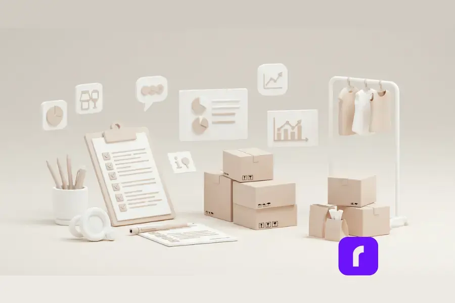 Minimalist illustration of a workspace featuring a clipboard with an inventory checklist, stacked shipping boxes, clothing on a rack, and floating icons of analytics graphs and charts. The design represents managing inventory, sourcing fresh items, and using data to scale a Poshmark business.