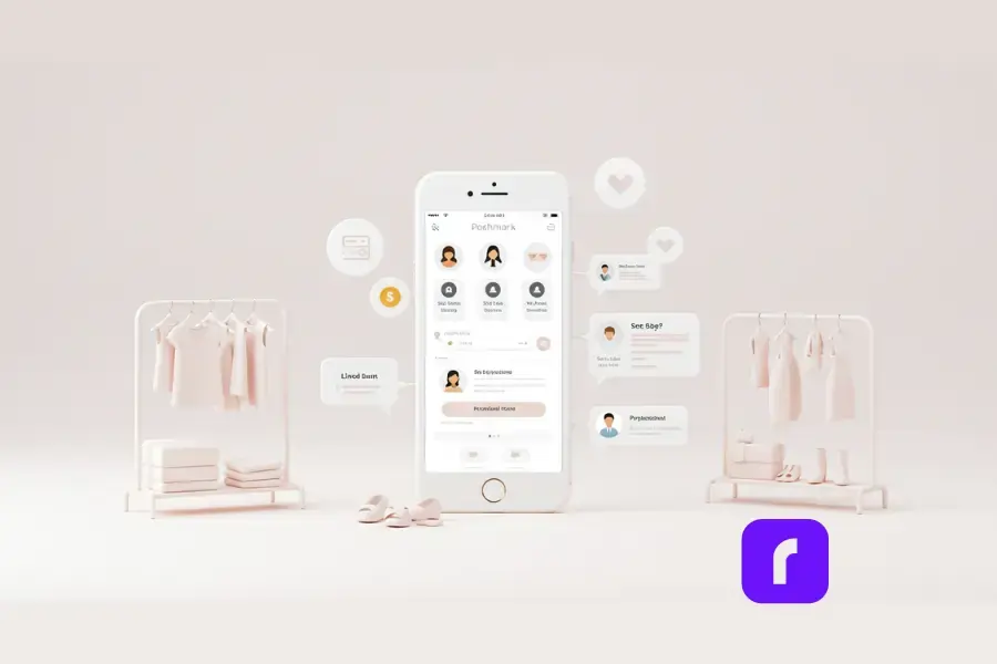 Minimalist illustration of a smartphone displaying the Poshmark app interface, surrounded by clothing racks, folded items, and stylized icons for linking a bank account, profile customization, and user engagement, representing the process of setting up and branding a Poshmark closet.