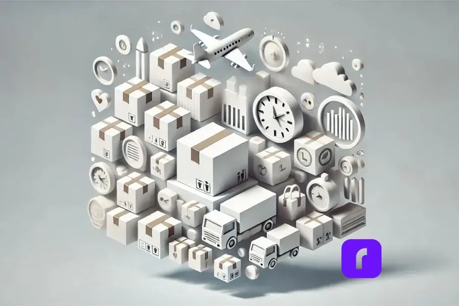 A minimalist graphic depicting factors affecting express shipping costs, featuring a predominantly white and light-colored design with subtle 3D icons of a package, an airplane, and a clock. The composition reflects speed, distance, and package size, with a clean background and no text.