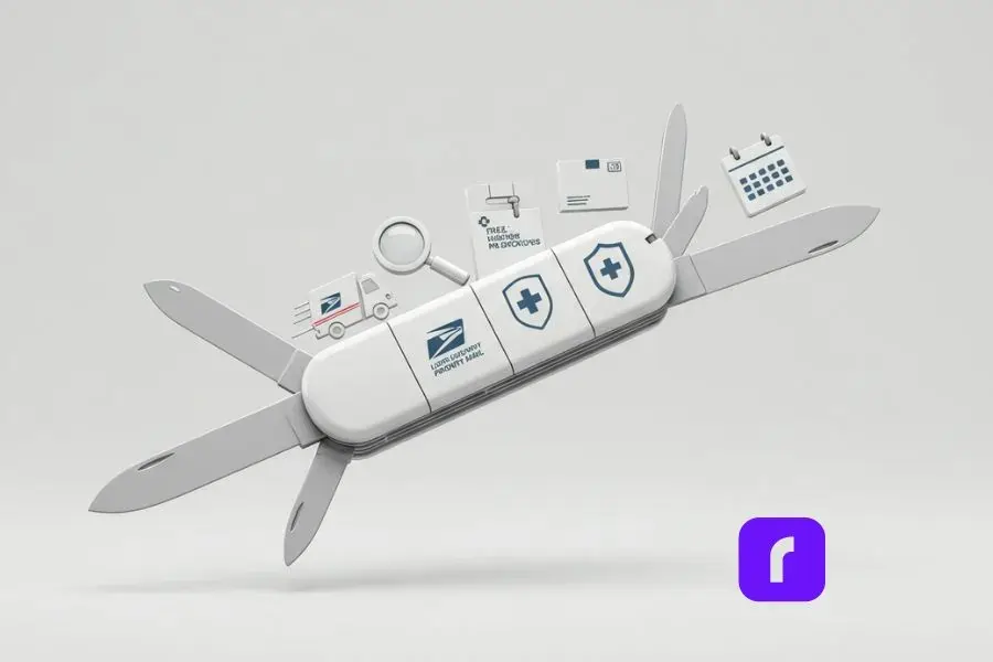 Stylized, minimalist Swiss Army knife representing USPS Priority Mail features, with blades depicting a delivery truck for speed, magnifying glass for tracking, shield for insurance, box for free supplies, and calendar for convenient pickups, set against a light, serene background with subtle 3D effects.