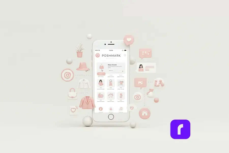 Stylized minimalist illustration of a smartphone displaying the Poshmark app interface, surrounded by icons of clothing, accessories, chat bubbles, and community engagement elements, representing how to sell on Poshmark as a social marketplace for sellers.