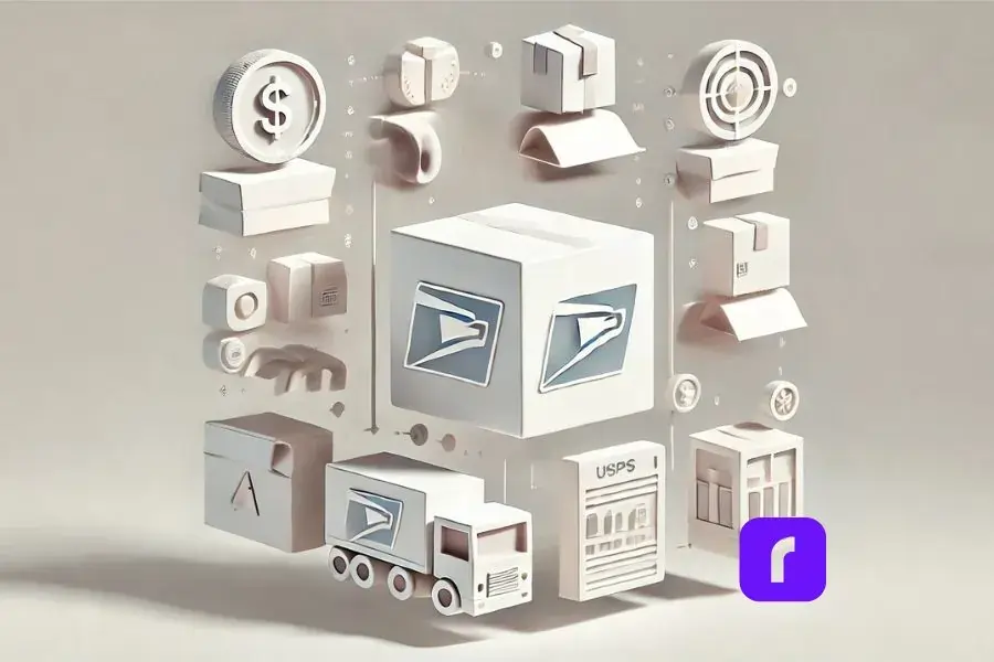 A conceptual image of USPS package icons, shipping vehicles, and financial symbols, showcasing the benefits of USPS Ground Advantage Cubic.