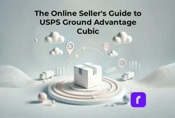 Stylized guide cover with a package at the center, surrounded by cloud and delivery graphics, representing USPS Ground Advantage Cubic for online sellers.