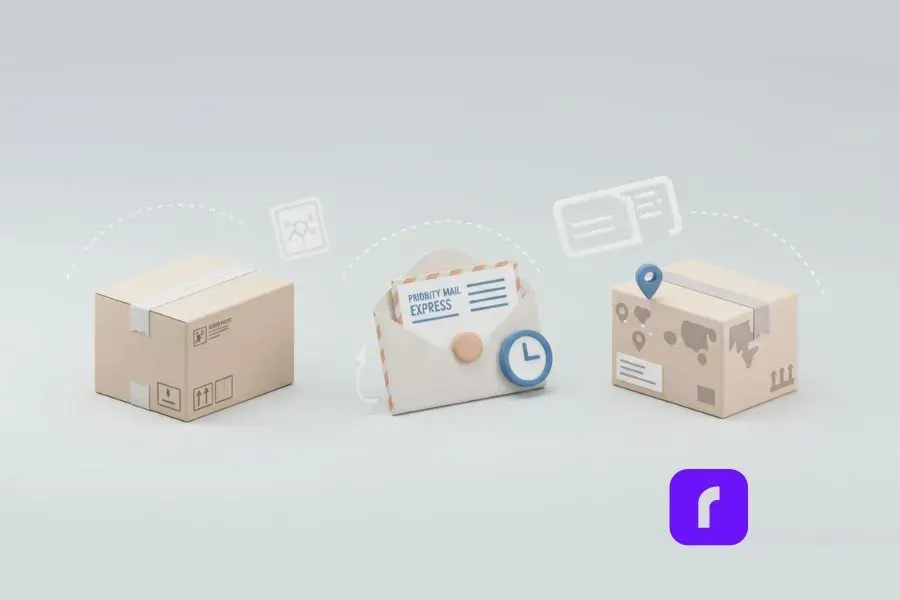 Minimalist illustration of USPS Priority Mail options: a flat-rate box with a price tag, a padded envelope with a clock for express delivery, and a regional rate box with a map overlay, symbolizing flexible shipping solutions.