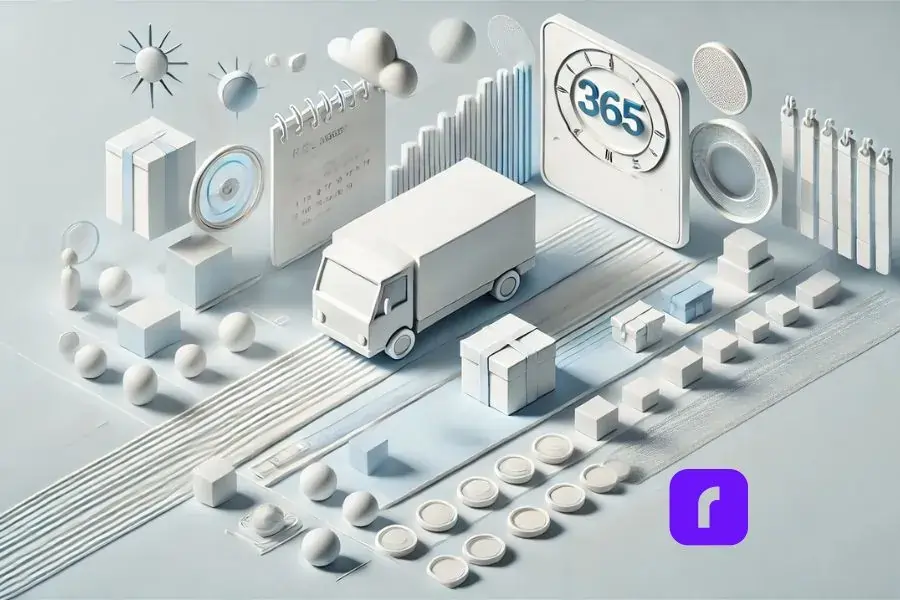 A minimalist 3D design featuring a small delivery truck, a stylized package with motion lines, and a subtle calendar, symbolizing reliable year-round shipping for small businesses. The image has light, white tones with subtle depth and no text.