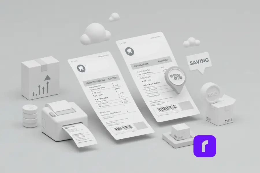 Minimalist design showcasing Rollo's shipping tools, featuring a label printer printing a shipping label alongside packages, stylized rate receipts, and icons representing savings and efficiency. A speech bubble with 'Saving' and Rollo's purple logo emphasize cost reduction and streamlined shipping processes.