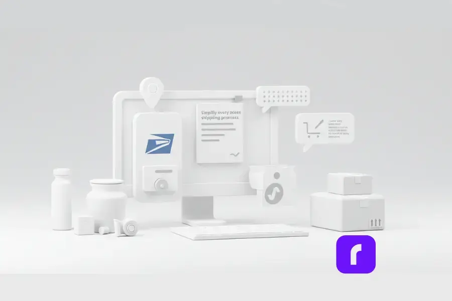 Minimalist illustration of a shipping platform interface showcasing USPS services, boxes, and packaging materials, highlighting simplified shipping processes for small businesses.