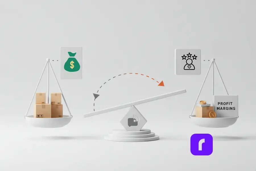 Illustration of a balanced scale representing the impact of USPS rates on customer satisfaction and profit margins, showcasing smart shipping decisions for businesses.