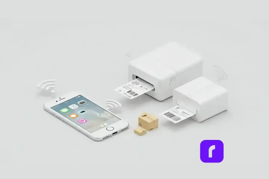 Stylized image of a smartphone wirelessly connected to two compact label printers, each printing shipping labels, with small cardboard boxes nearby, symbolizing the seamless integration of wireless printing technology in small business workflows with AirPrint.