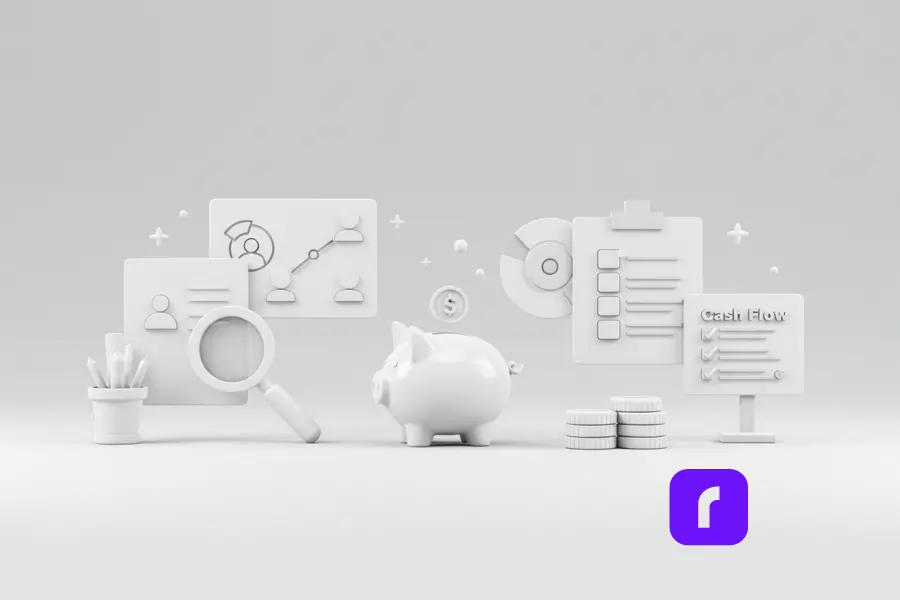 A minimalist 3D illustration featuring a piggy bank, magnifying glass, coin stacks, and charts, symbolizing small business planning and finances.