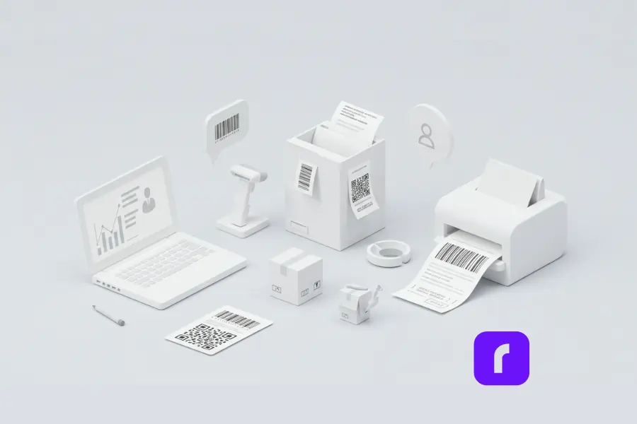 laptop displaying label templates next to barcode scanner, and label printer.