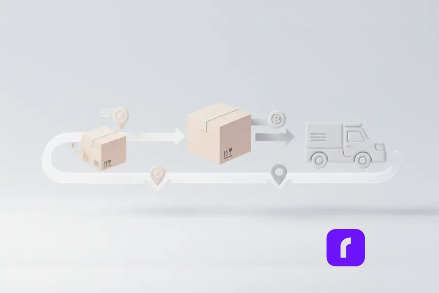 a small package with arrow pointing to a larger package that points to a delivery truck representing the delivery steps of UPS 3 day select.