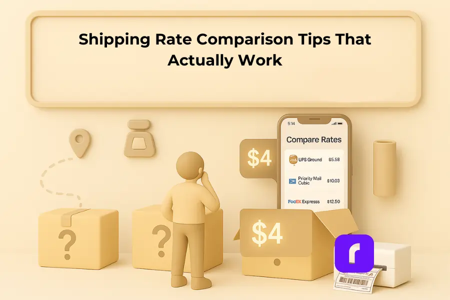 3D illustration of a small business owner comparing shipping rates in a game show-style scene. The figure stands in front of three mystery boxes, with one open revealing a $4 price tag and a smartphone screen displaying shipping rate options like UPS Ground, Priority Mail Cubic, and FedEx Express. Above, a glowing sign reads 'Shipping Rate Comparison Tips That Actually Work.' A Rollo thermal printer sits nearby printing a 4x6 shipping label, emphasizing the use of Rollo Ship for smart rate comparison.