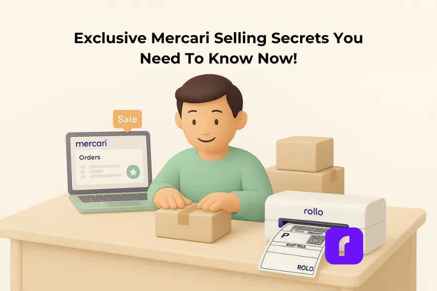 Minimalist 3D illustration of a smiling man at a desk, packaging a Mercari order with a Rollo Wireless Printer. The scene includes a laptop displaying the Mercari dashboard, stacked boxes, and a printer actively printing a shipping label, all in soft pastel tones with ample white space. The headline above reads: "Exclusive Mercari Selling Secrets You Need To Know Now!