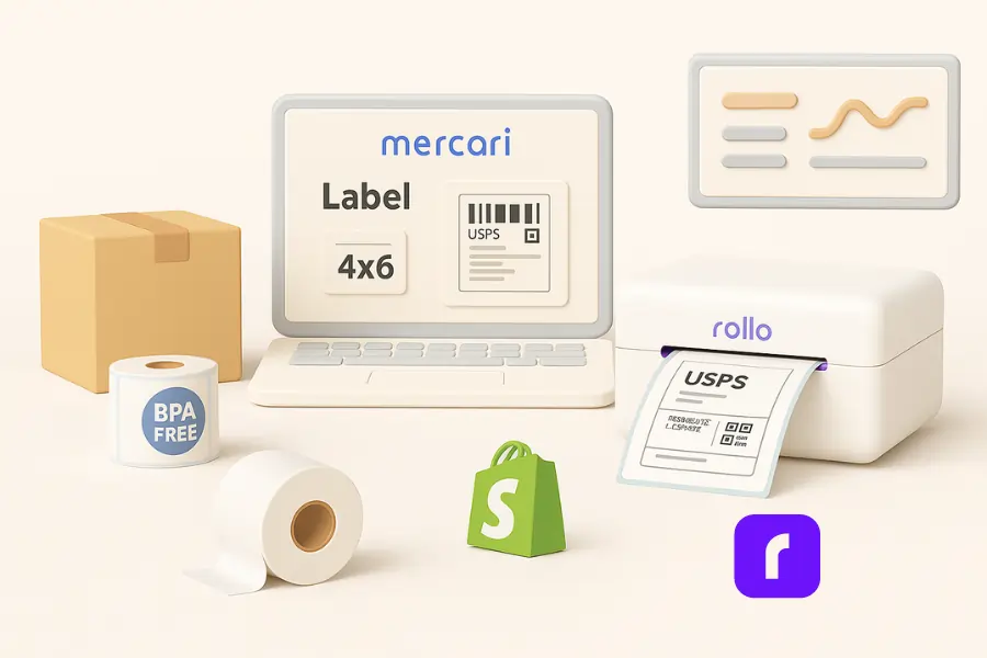 A minimalist 3D illustration showing a seller’s workspace with a Rollo Wireless Label Printer printing a 4x6 shipping label for a Mercari order. The scene features a laptop displaying Mercari’s label screen, a cardboard package ready for shipping, a BPA-free label roll, a Shopify logo, and a tracking dashboard, all arranged in a clean layout with soft pastel colors and rounded shapes. The visual conveys the theme of multi-platform e-commerce efficiency, eco-friendly shipping, and professional label printing.