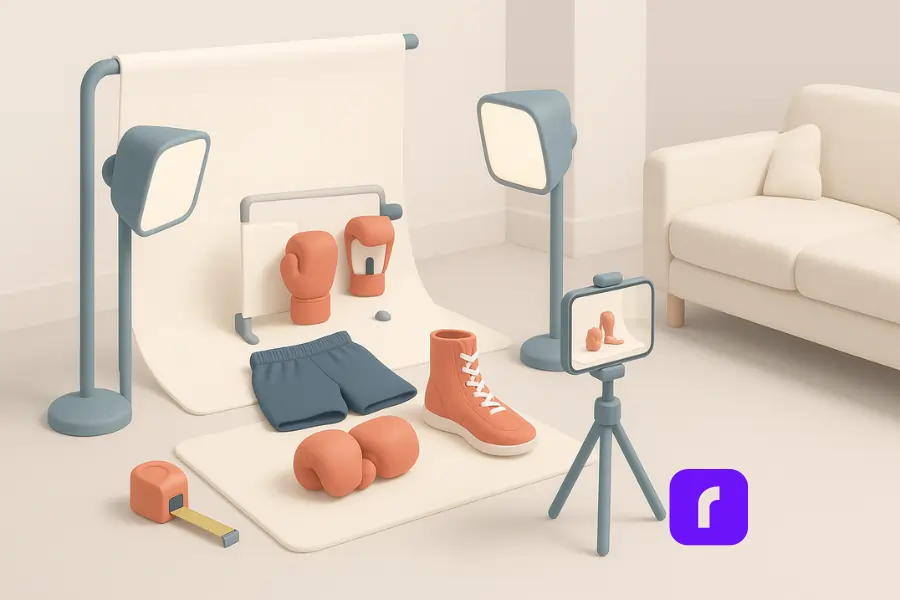 A minimalist 3D illustration depicting a seller creating a Mercari listing for athletic sportswear. The scene shows a small home photo shoot setup in a living room corner, featuring a smartphone on a tripod capturing images of boxing gloves, boxing shoes, and shorts arranged neatly on a display mat, with soft lighting and a simple backdrop creating a clean, professional vibe.