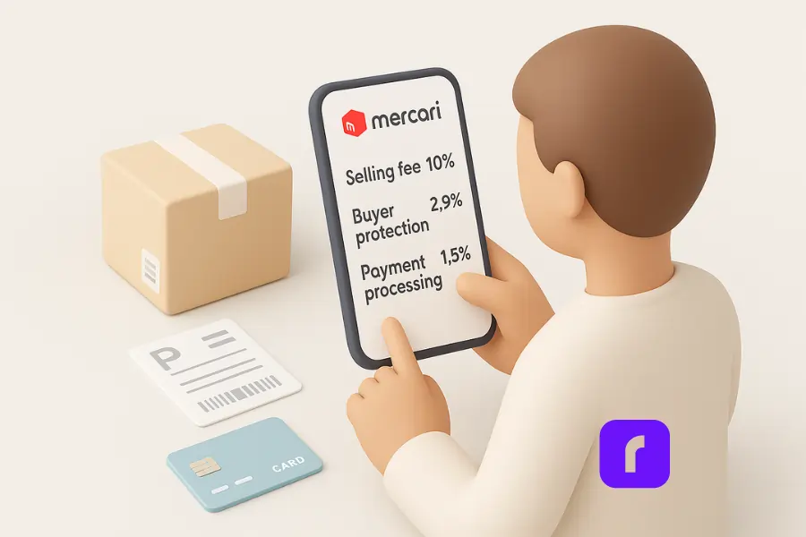 A minimalist 3D illustration showing a Mercari seller managing fees while preparing a package for shipment. The seller holds a smartphone displaying Mercari’s fee breakdown—selling fee, buyer protection, and payment processing—while a small package, shipping label, and debit card are neatly arranged nearby on a light pastel background. The scene visually conveys how each fee impacts the seller’s earnings.