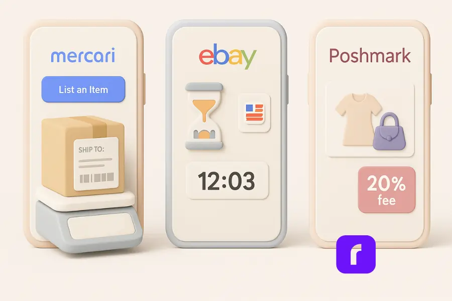 A minimalist 3D illustration comparing Mercari, eBay, and Poshmark side by side as smartphone screens. The Mercari screen displays a shipping box and a "List an Item" button, the eBay screen shows an auction timer, American flag icon, and a digital clock, while the Poshmark screen features a dress, handbag, and a "20% fee" label. A small Rollo icon is placed in the lower right corner, and the background uses soft pastel colors and smooth, rounded shapes.