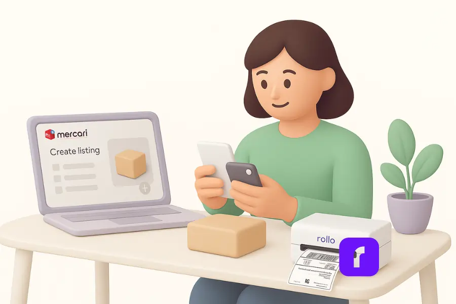 Minimalist 3D illustration of a woman sitting at a desk, holding a smartphone to create a Mercari listing. She is surrounded by a laptop displaying the Mercari dashboard, a Rollo Wireless Printer printing a shipping label, a small package, and a potted plant. The scene is designed with soft pastel colors, rounded shapes, and clean lines, conveying a sense of simplicity and ease in Mercari selling for hobby sellers and small business owners.