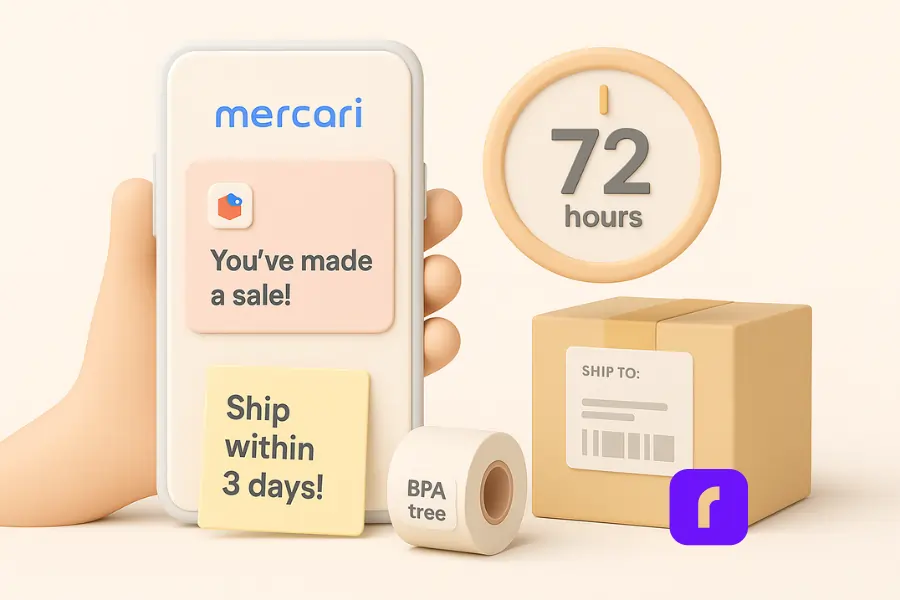 A minimalist 3D illustration showing a Mercari seller’s phone with a sale notification, a countdown timer set to 72 hours, a package with a shipping label, and a sticky note that reads “Ship within 3 days!” The scene also includes a BPA-free label roll, all arranged on a soft pastel background. The illustration emphasizes the importance of timely shipping to maintain seller ratings and improve shop visibility.