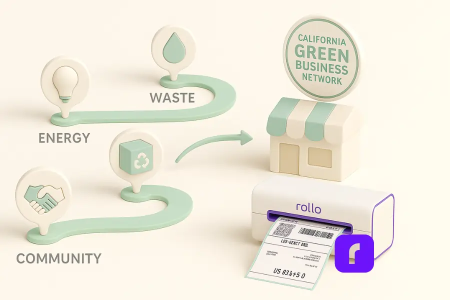 Minimalist 3D roadmap infographic showing a pastel‑green path with four labeled pit stops—Energy (light bulb), Water (droplet), Waste (recycling box), and Community (handshake)—leading to a small storefront beneath a “California Green Business Network” badge. A white‑and‑purple Rollo wireless printer prints a shipping label nearby, symbolizing certification and cost‑effective sustainability for small businesses.