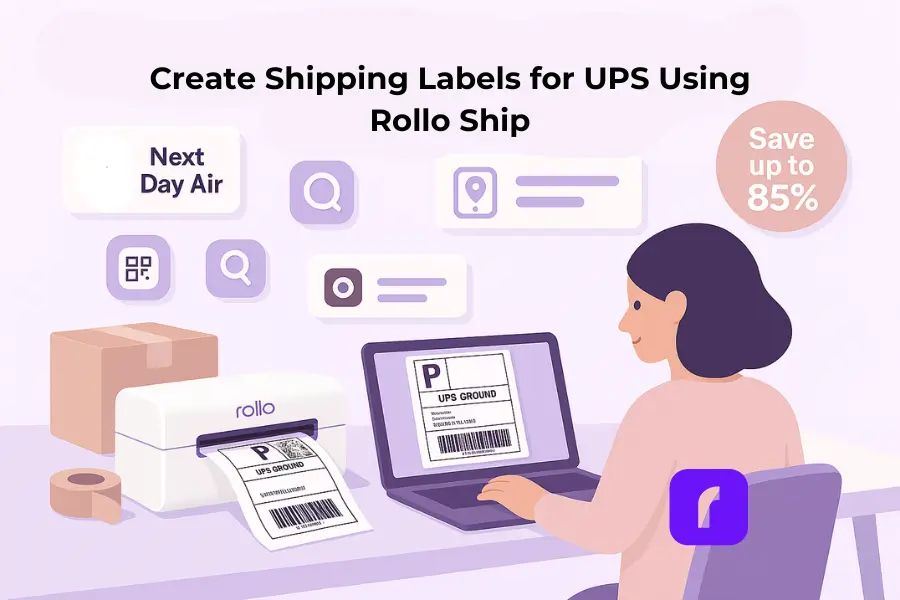 A minimalist 3D illustration of a woman creating UPS shipping labels using Rollo Ship on a laptop. The scene features a clean workspace with soft pastel tones, a Rollo Wireless Printer printing a 4×6 UPS label, and floating UI panels representing UPS Ground, Next Day Air, tracking, and cost-saving features like “Save up to 85%.”