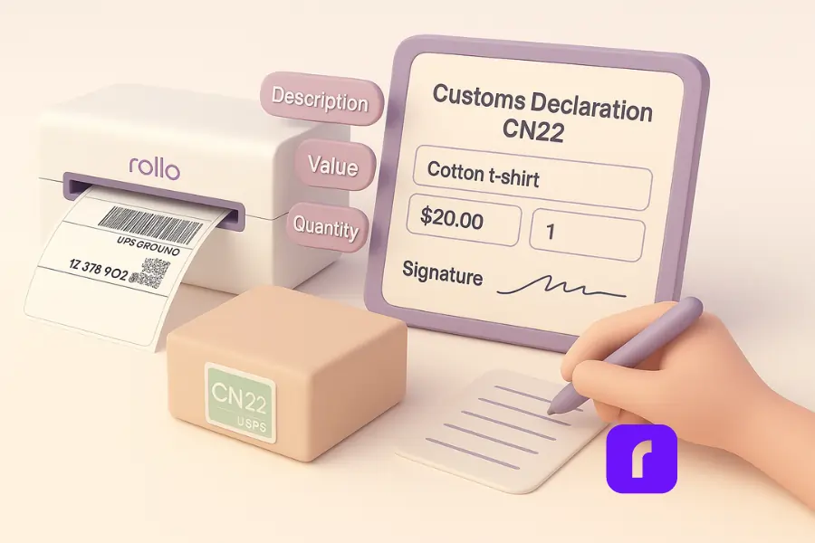3D illustration of a seller preparing an international USPS First Class Package with a Rollo Wireless Printer, customs form, and floating shipping dashboard in a clean, minimalist workspace.