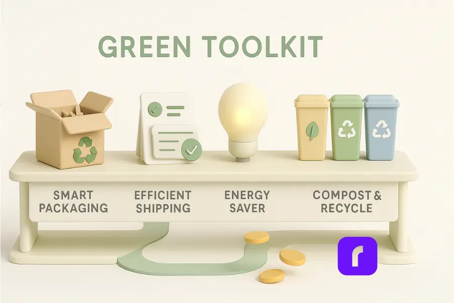 Minimalist 3D illustration of a pastel-colored shelf labeled “Green Toolkit,” displaying four eco-friendly warehouse swaps: a shredded cardboard box labeled “Smart Packaging,” a stack of labeled shipping forms tagged “Efficient Shipping,” a glowing motion-sensor bulb titled “Energy Saver,” and three color-coded bins labeled “Compost & Recycle,” all arranged in a clean, balanced layout.
