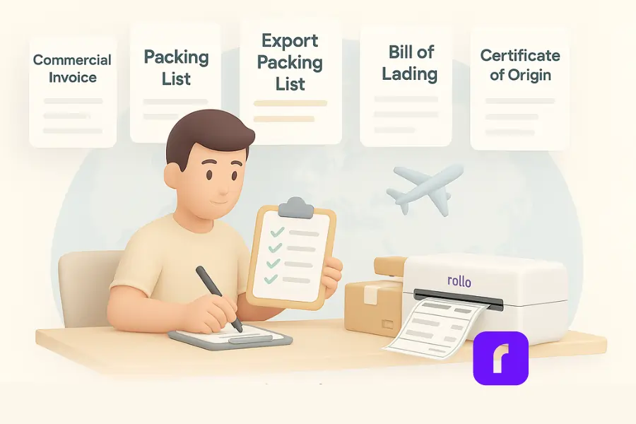 A 3D digital illustration in soft pastel tones shows a small business owner preparing shipping documents. The scene includes labeled shipping document icons—Commercial Invoice, Packing List, Export Packing List, Bill of Lading, and Certificate of Origin—floating above a workspace. The person is checking off a checklist on a clipboard while writing with a pen. On the desk, a Rollo wireless printer prints a shipping label, with a cardboard box beside it. A subtle world map and airplane icon in the background symbolize global shipping.