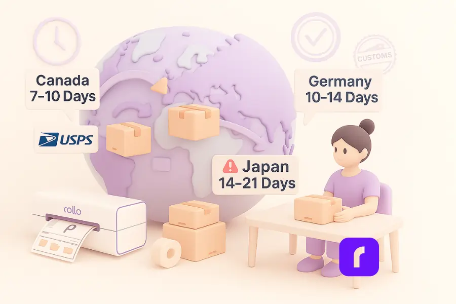 3D illustration of USPS First Class Package International delivery times, featuring a pastel-colored globe with curved arrows linking the U.S. to Canada (7–10 Days), Germany (10–14 Days), and Japan (14–21 Days). Floating cardboard boxes represent shipments in transit, while a Rollo Wireless Printer prints a shipping label nearby. A stylized female seller sits at a desk packing a box, surrounded by visual metaphors like a customs stamp, a faded clock icon, and a “USPS” logo. The scene is rendered in soft lavender, blush, and beige tones with smooth, rounded shapes and clean, minimalist styling.